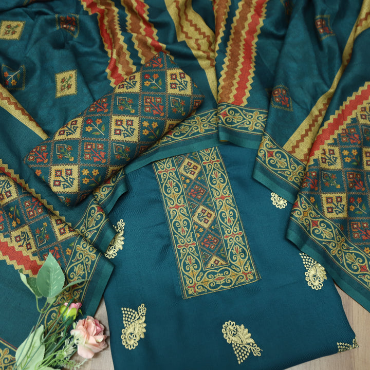 कशिश Prussian Blue Print Patch in Floral Embroidery Work Semi Pashmina Winter Set