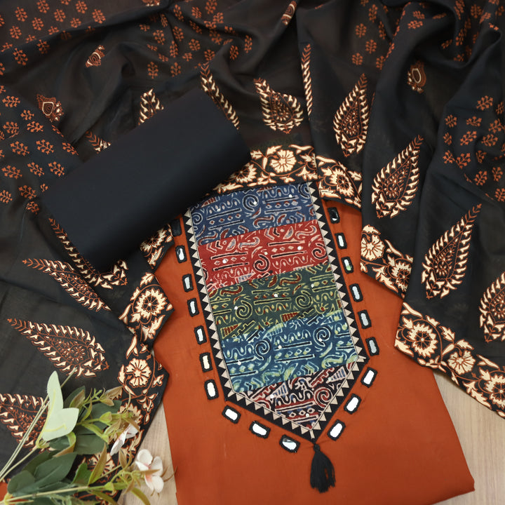 Saheli Rust Orange Mirror With Printed Yoke Cotton Set