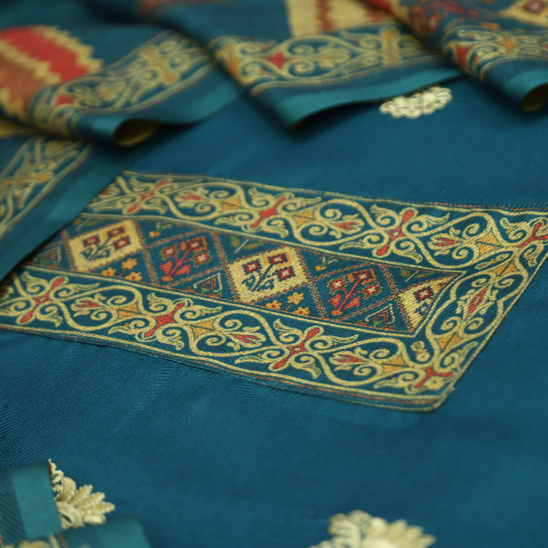 कशिश Prussian Blue Print Patch in Floral Embroidery Work Semi Pashmina Winter Set