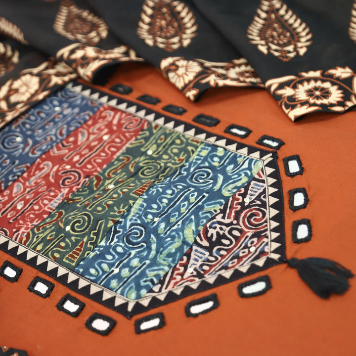 Saheli Rust Orange Mirror With Printed Yoke Cotton Set