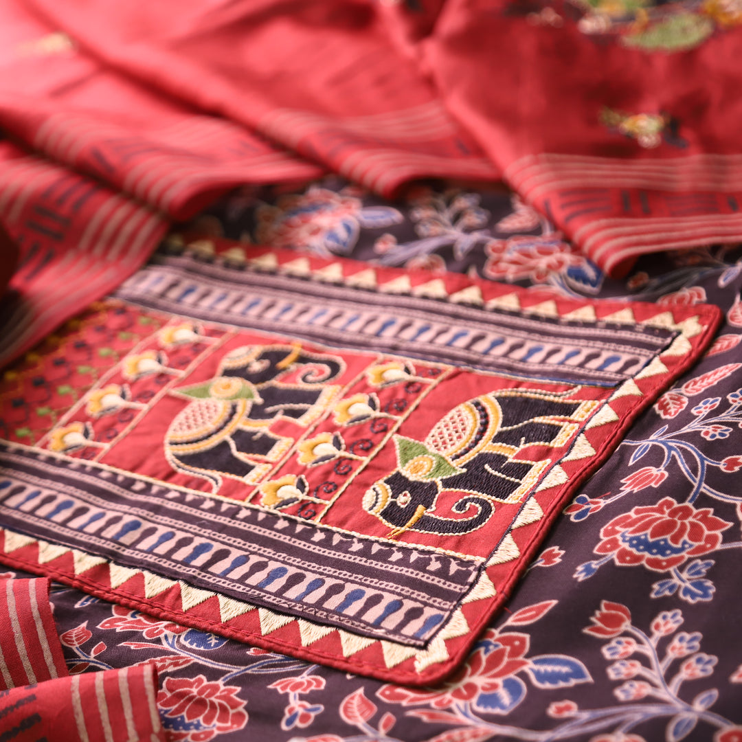 Sudhasi Faded Black Kutch Embroidered Work Ajrak Printed Cotton Set