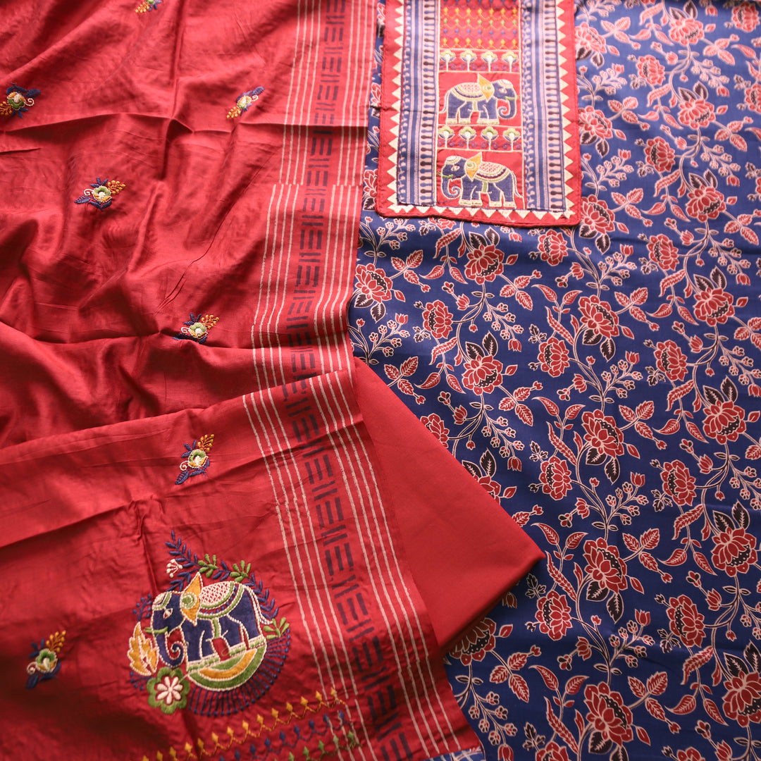 Sudhasi Denim Blue Kutch Embroidered Work Ajrak Printed Cotton Set