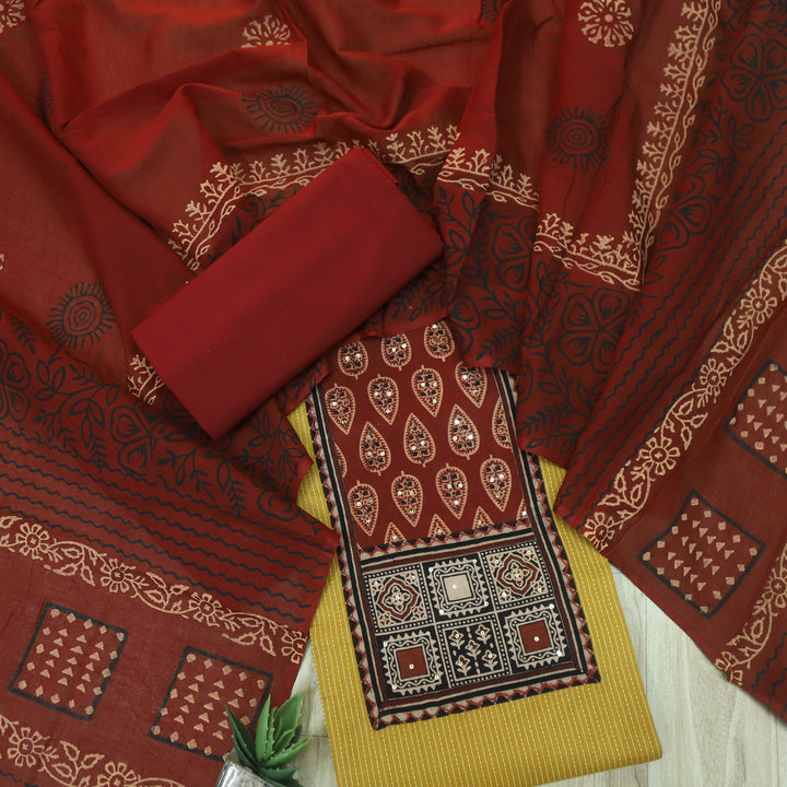 Anokhi Dijon Yellow Ajrak Cotton Top with Printed Dupatta Suit Set