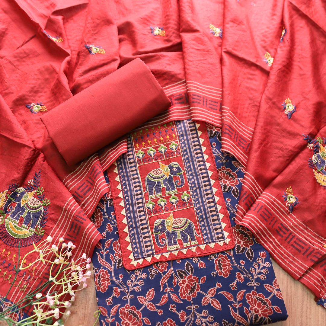 Sudhasi Denim Blue Kutch Embroidered Work Ajrak Printed Cotton Set