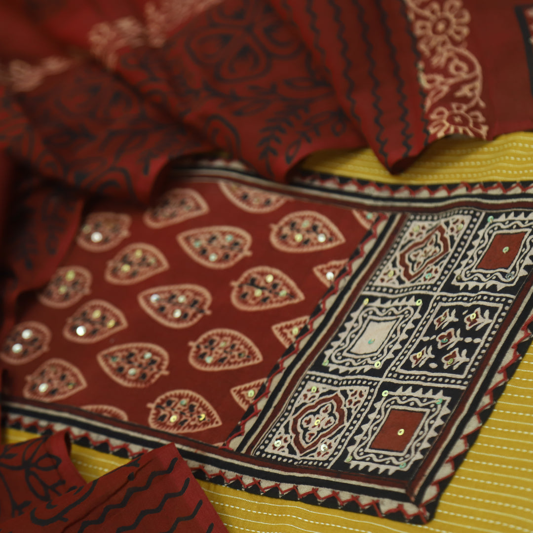 Anokhi Dijon Yellow Ajrak Cotton Top with Printed Dupatta Suit Set