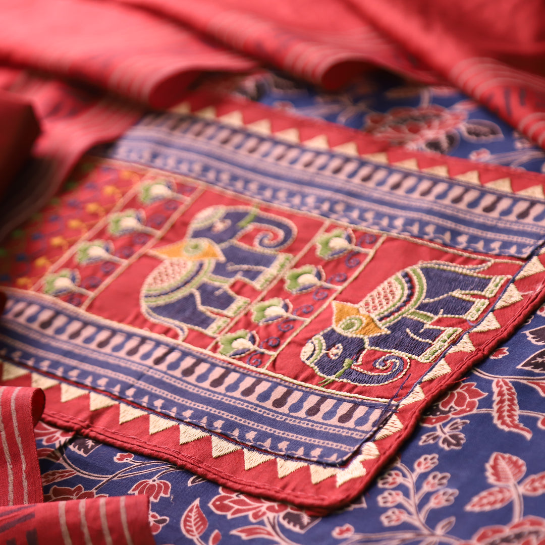 Sudhasi Denim Blue Kutch Embroidered Work Ajrak Printed Cotton Set