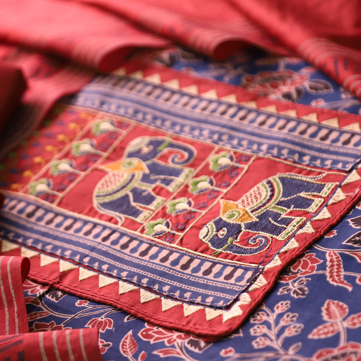 Sudhasi Denim Blue Kutch Embroidered Work Ajrak Printed Cotton Set