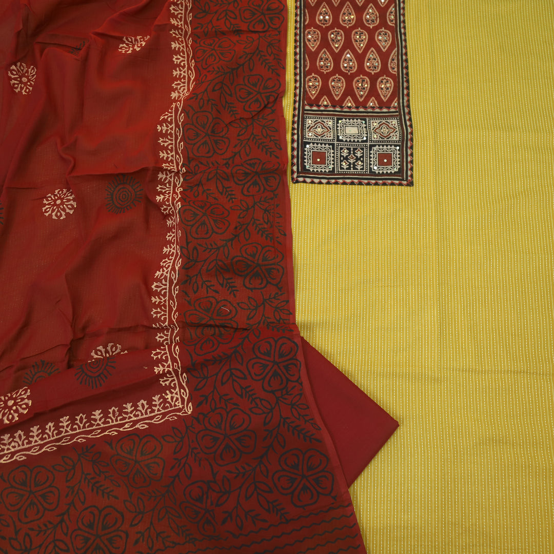 Anokhi Dijon Yellow Ajrak Cotton Top with Printed Dupatta Suit Set