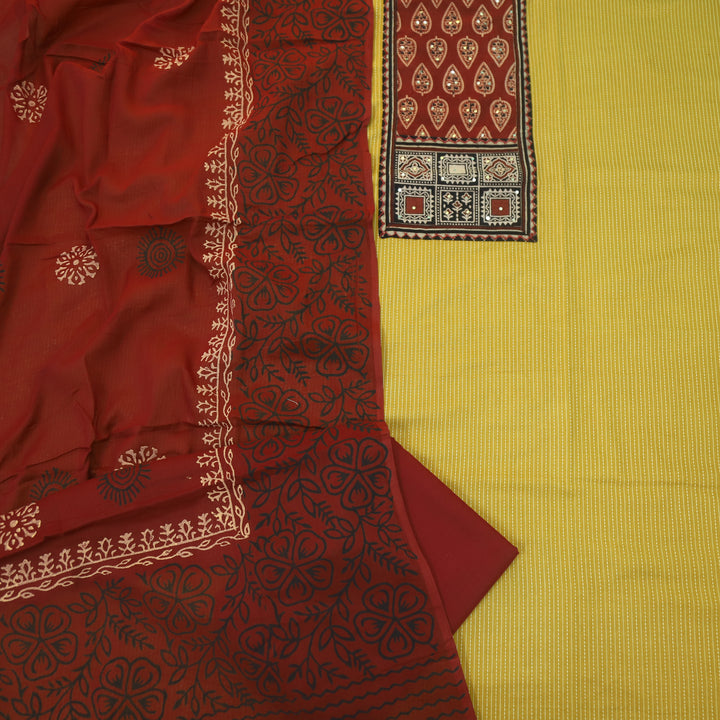 Anokhi Dijon Yellow Ajrak Cotton Top with Printed Dupatta Suit Set
