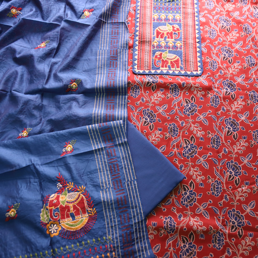Sudhasi Berry Red Kutch Embroidered Work Ajrak Printed Cotton Set