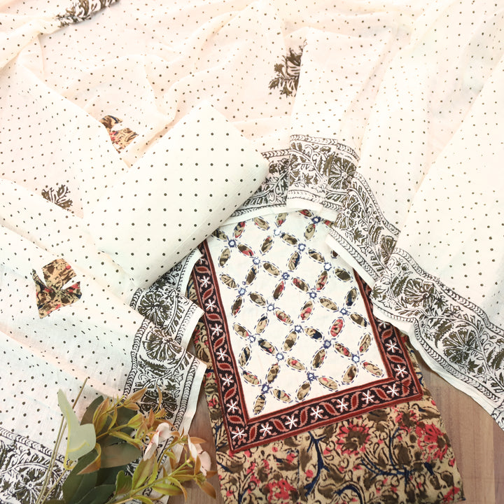 Khushi Green Kalamkari Printed Applique Yoke Cotton Set