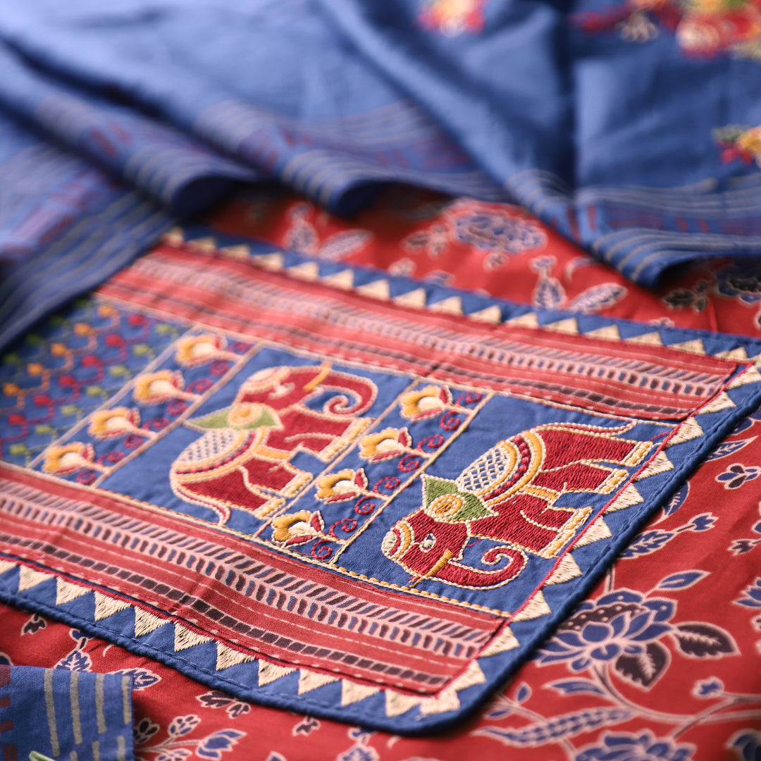 Sudhasi Berry Red Kutch Embroidered Work Ajrak Printed Cotton Set