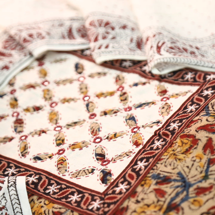 Khushi Red Kalamkari Printed Applique Yoke Cotton Set