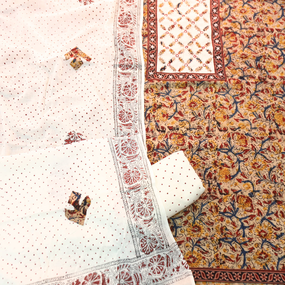 Khushi Red Kalamkari Printed Applique Yoke Cotton Set