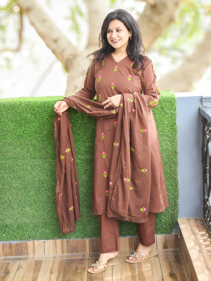 Haseena Brown V Neck in Cross-Stitch Embroidery in Panel Style Cotton 3 Piece Set
