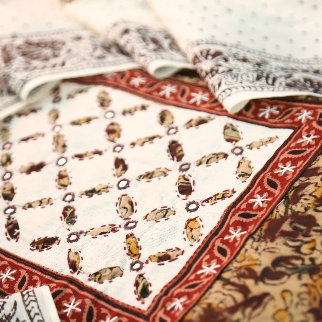 Khushi Maroon Kalamkari Printed Applique Yoke Cotton Set