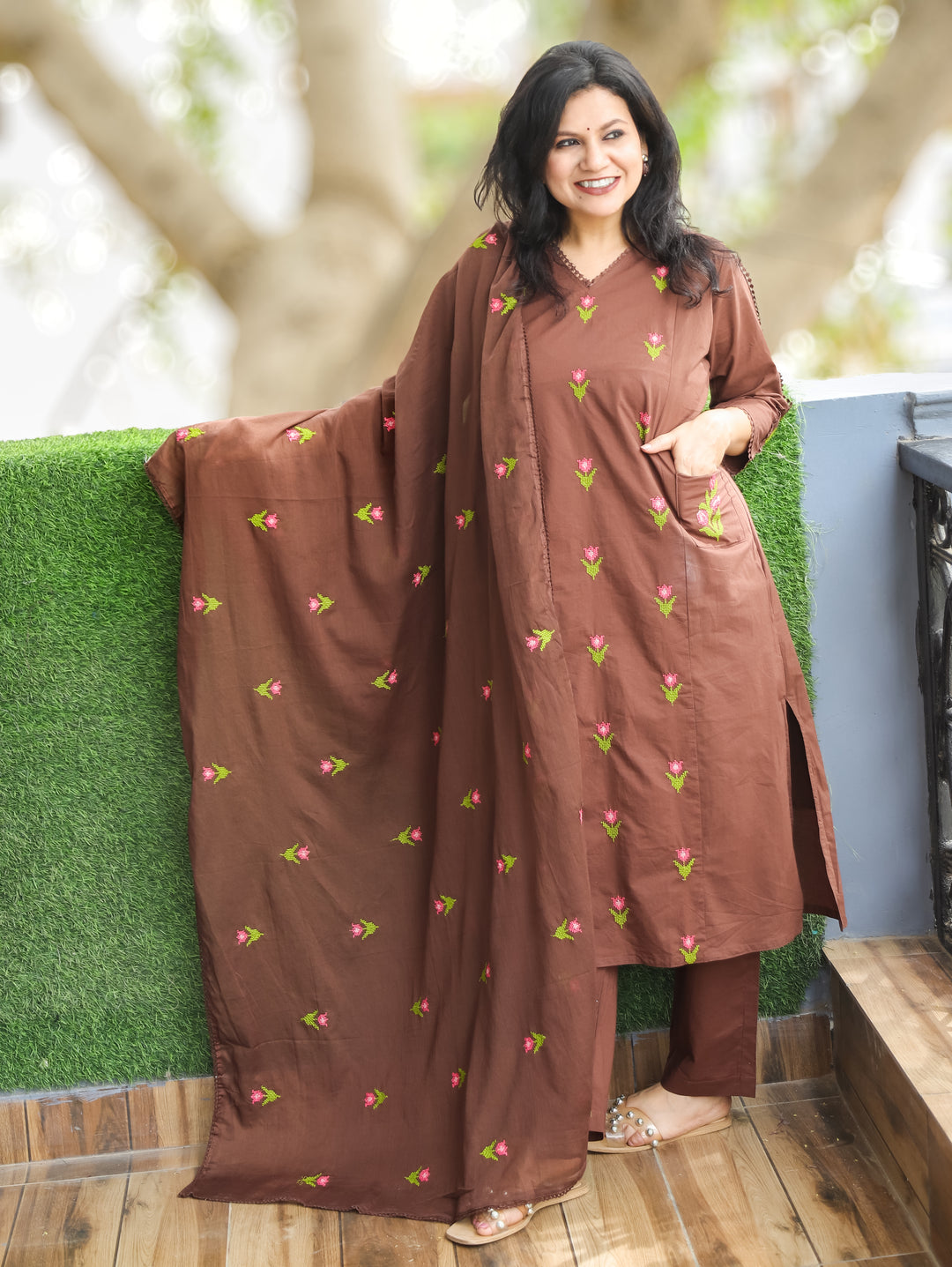 Haseena Brown V Neck in Cross-Stitch Embroidery in Panel Style Cotton 3 Piece Set