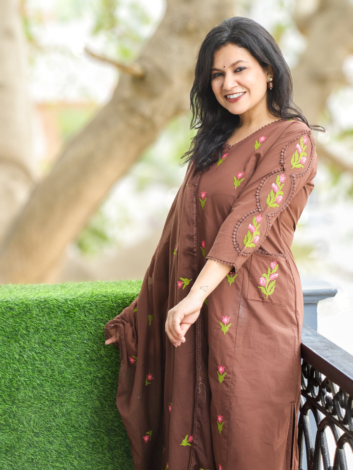 Haseena Brown V Neck in Cross-Stitch Embroidery in Panel Style Cotton 3 Piece Set