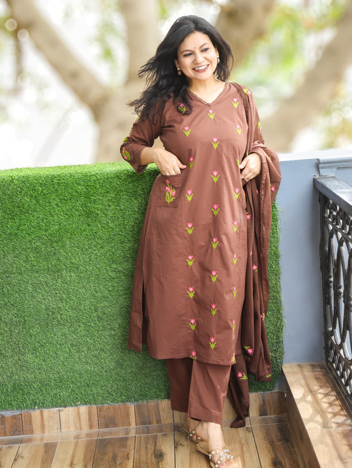 Haseena Brown V Neck in Cross-Stitch Embroidery in Panel Style Cotton 3 Piece Set