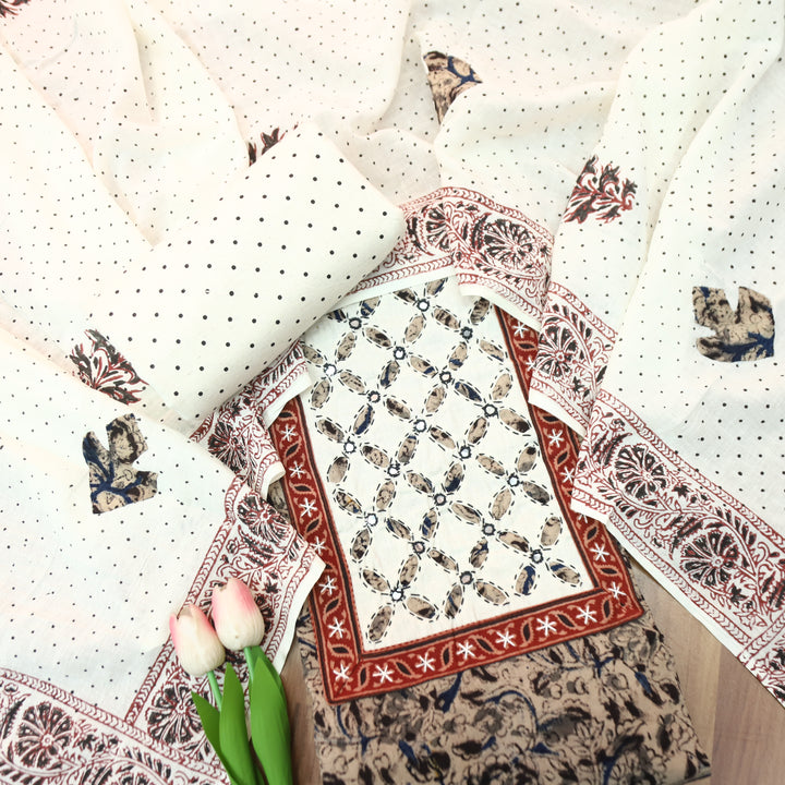 Khushi Black Kalamkari Printed Applique Yoke Cotton Set