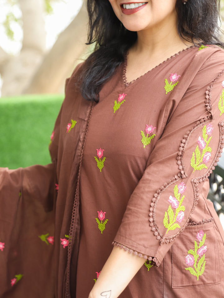 Haseena Brown V Neck in Cross-Stitch Embroidery in Panel Style Cotton 3 Piece Set