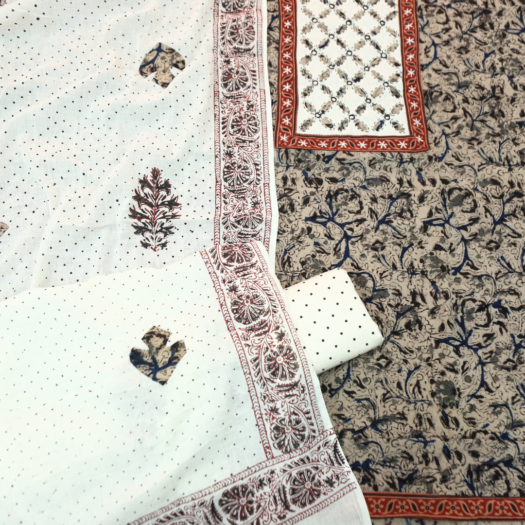 Khushi Black Kalamkari Printed Applique Yoke Cotton Set
