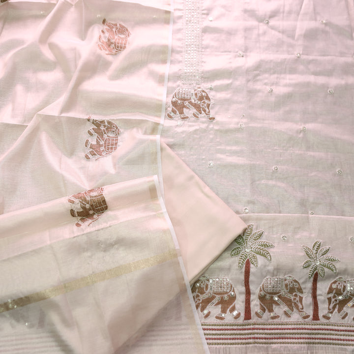 Ambarsari Skin Beige with Green Elephant Embroidered Work Linen Set