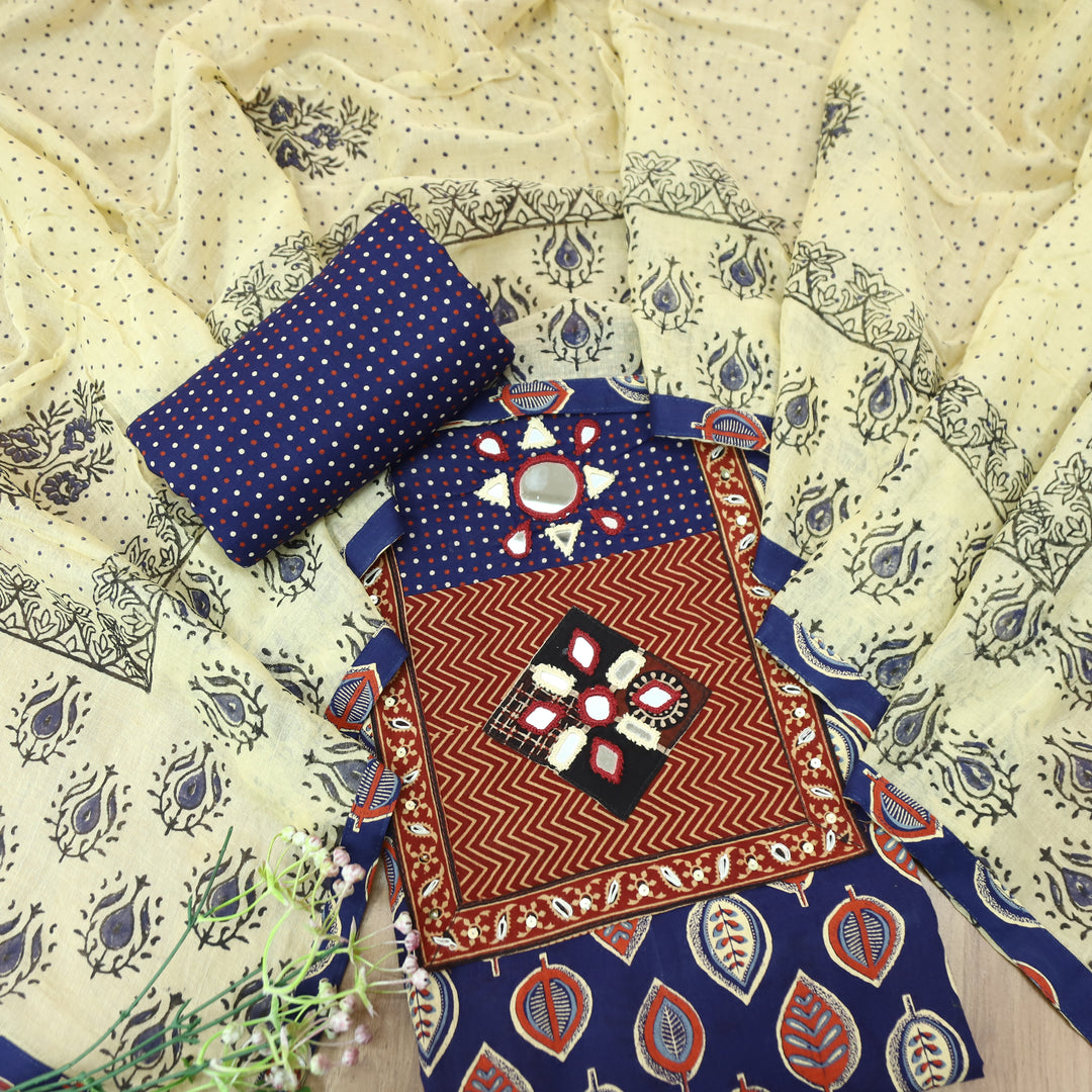 Seyri Royal Blue Kutch Patch with Mirror Work Leaf Print Cotton Set