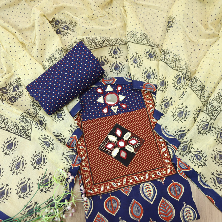 Seyri Royal Blue Kutch Patch with Mirror Work Leaf Print Cotton Set