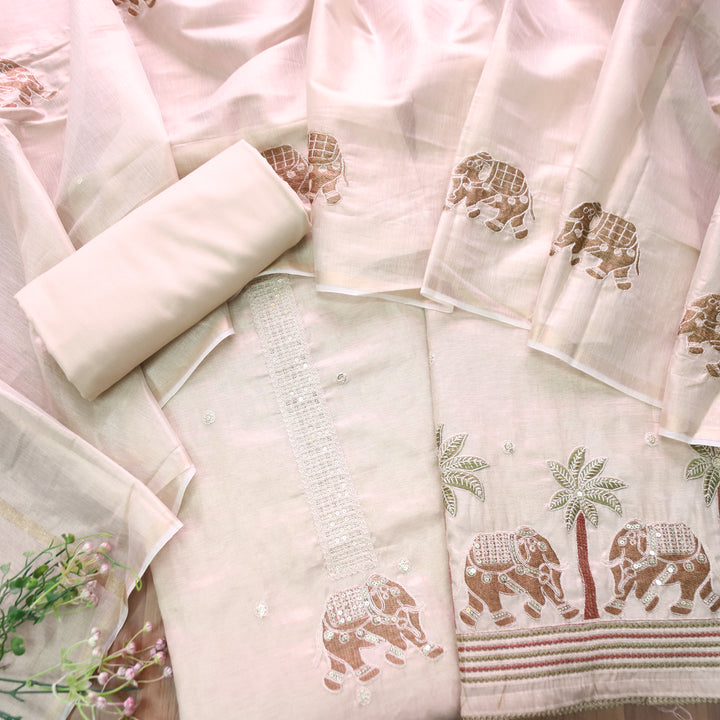 Ambarsari Skin Beige with Green Elephant Embroidered Work Linen Set