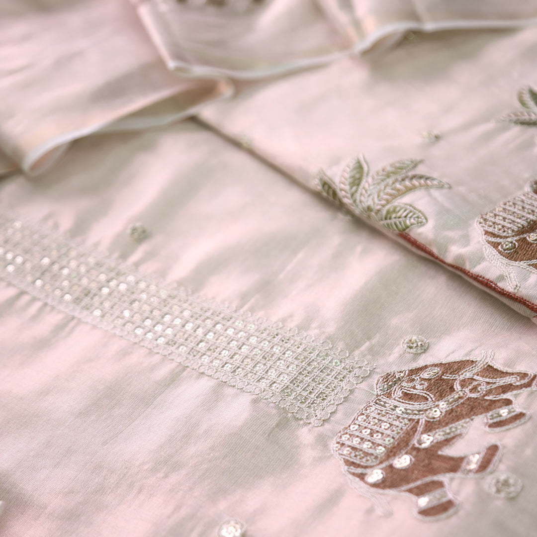 Ambarsari Skin Beige with Green Elephant Embroidered Work Linen Set