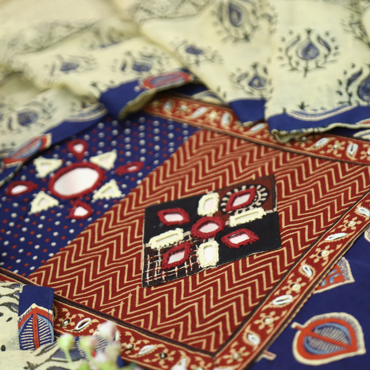 Seyri Royal Blue Kutch Patch with Mirror Work Leaf Print Cotton Set