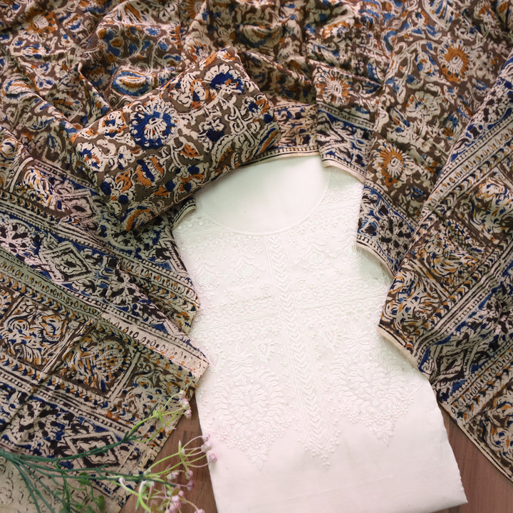 Khushi Beige Top with Olive Green Kalamkari Printed Dupatta Set