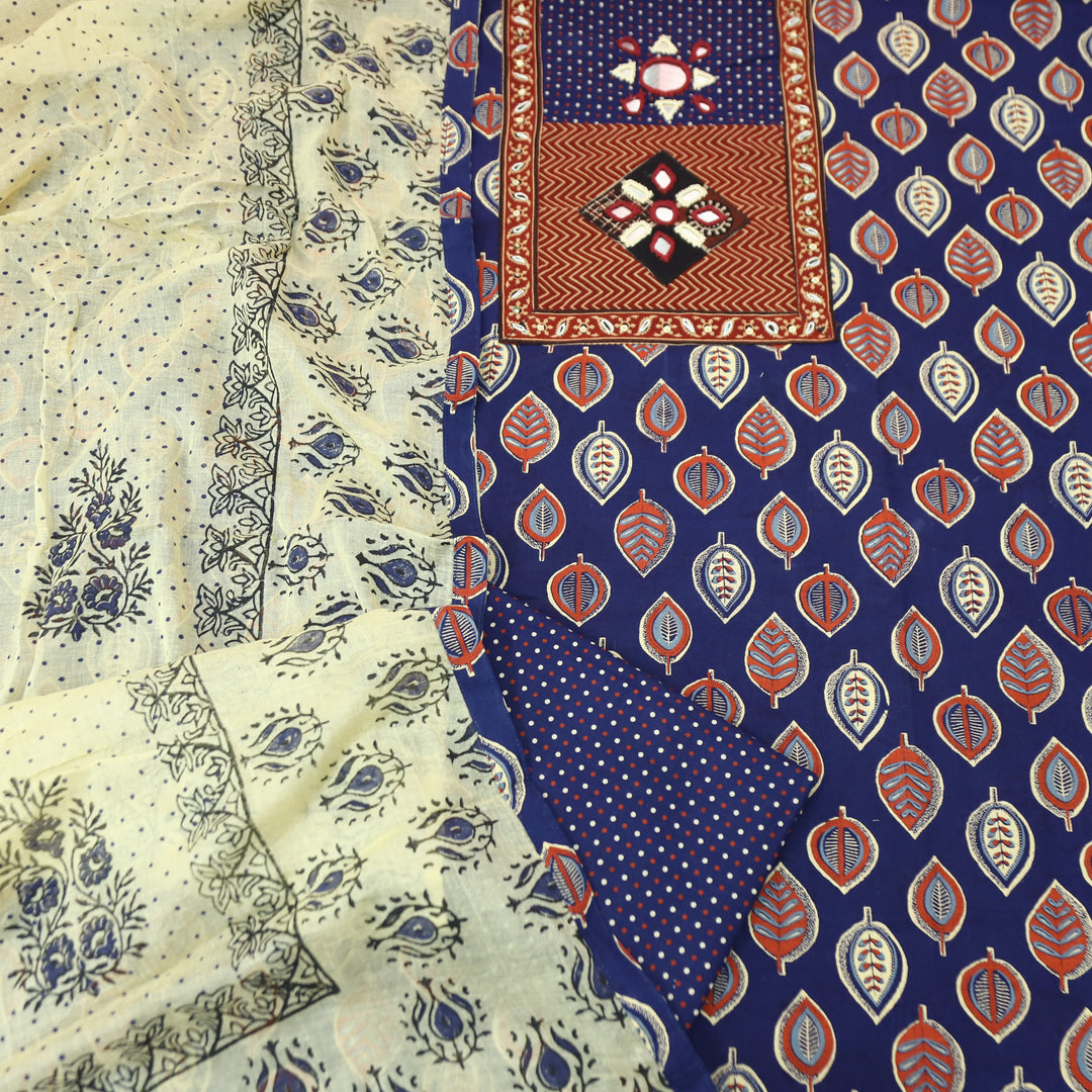 Seyri Royal Blue Kutch Patch with Mirror Work Leaf Print Cotton Set