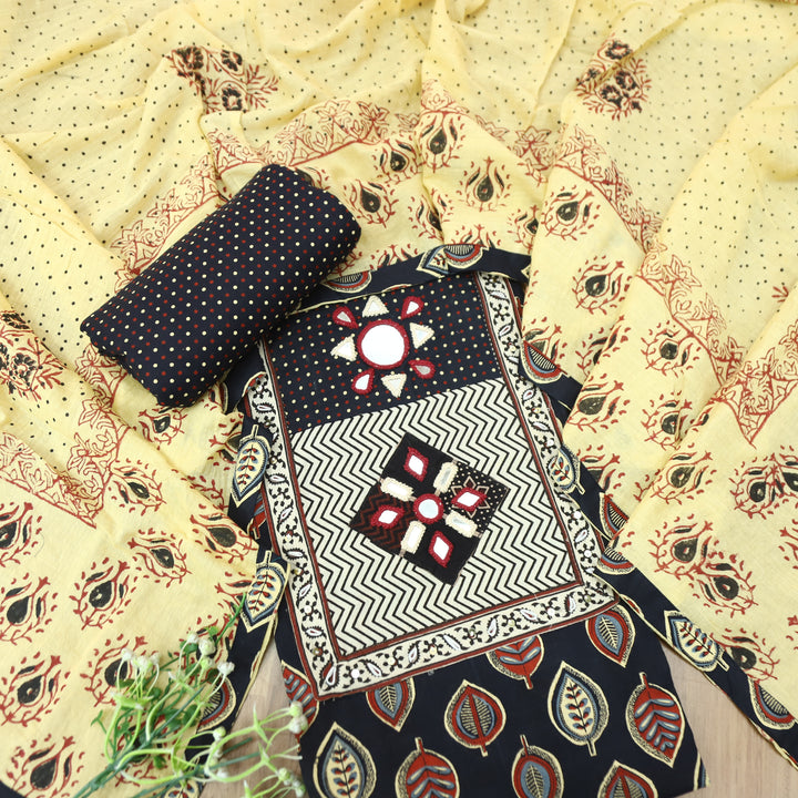 Seyri Oil Black Kutch Patch with Mirror Work Leaf Print Cotton Set