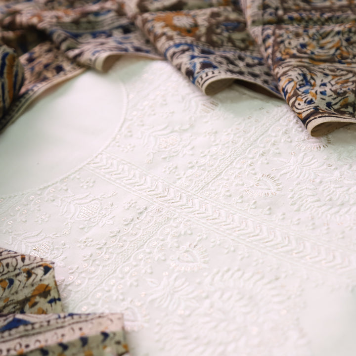 Khushi Beige Top with Olive Green Kalamkari Printed Dupatta Set