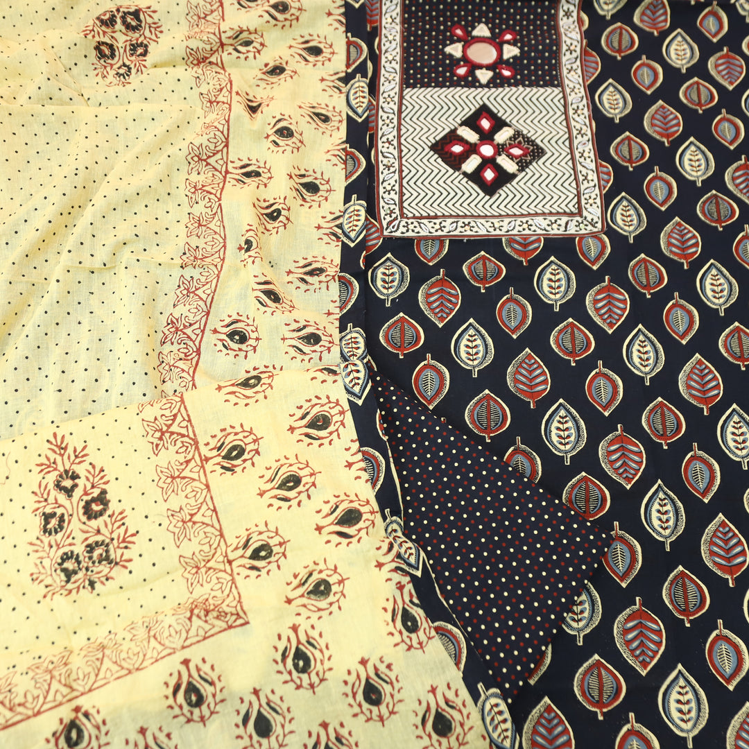 Seyri Oil Black Kutch Patch with Mirror Work Leaf Print Cotton Set