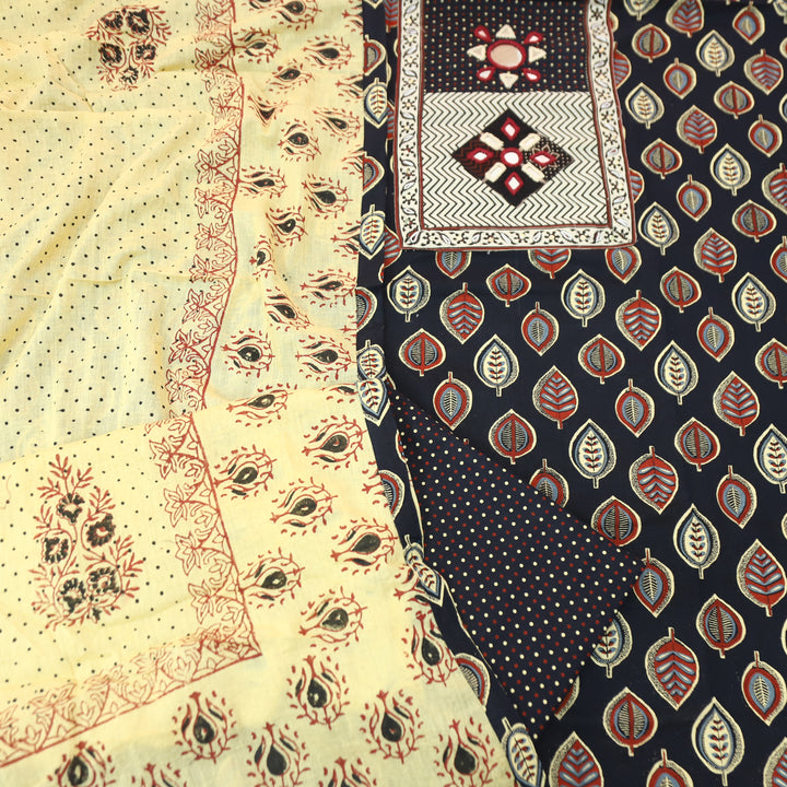 Seyri Oil Black Kutch Patch with Mirror Work Leaf Print Cotton Set