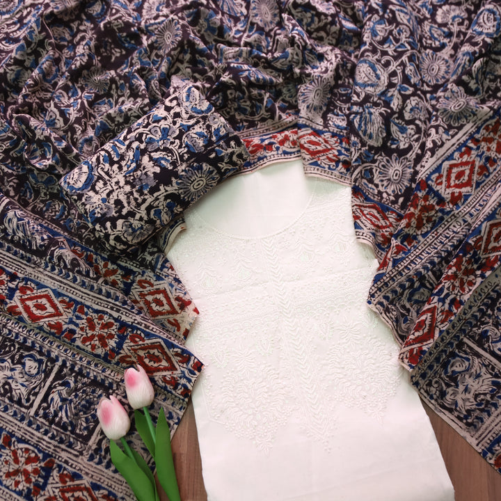 Khushi Beige Top with Blue Black Kalamkari Printed Dupatta Set