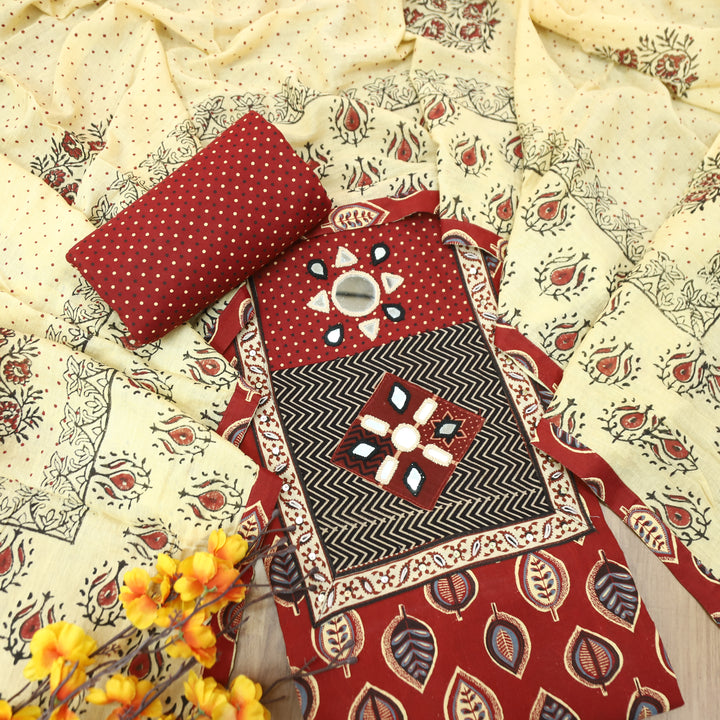 Seyri Berry Red Kutch Patch with Mirror Work Leaf Print Cotton Set