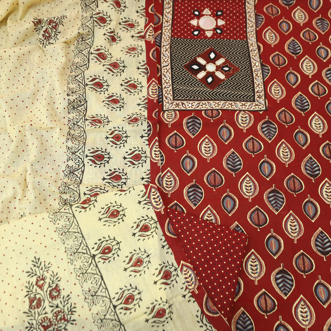 Seyri Berry Red Kutch Patch with Mirror Work Leaf Print Cotton Set
