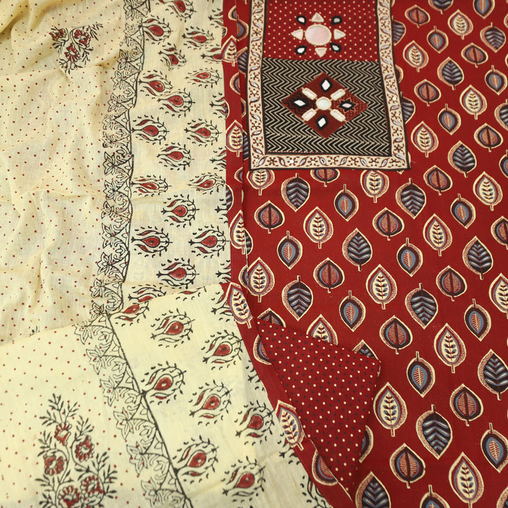 Seyri Berry Red Kutch Patch with Mirror Work Leaf Print Cotton Set