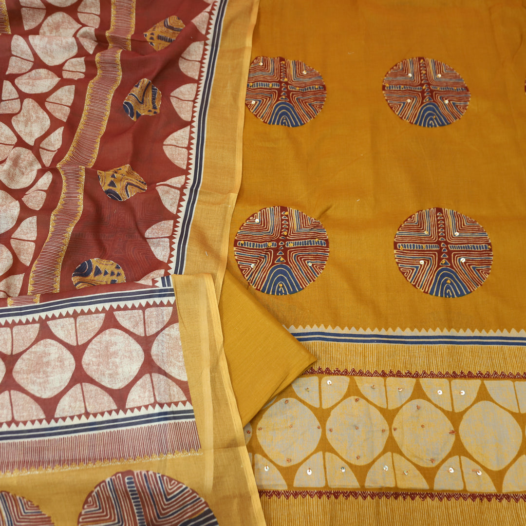 Suroor Turmeric Yellow Digital Printed with French Knot Cotton Set