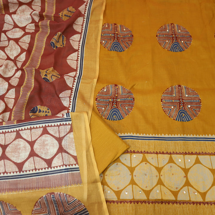 Suroor Turmeric Yellow Digital Printed with French Knot Cotton Set