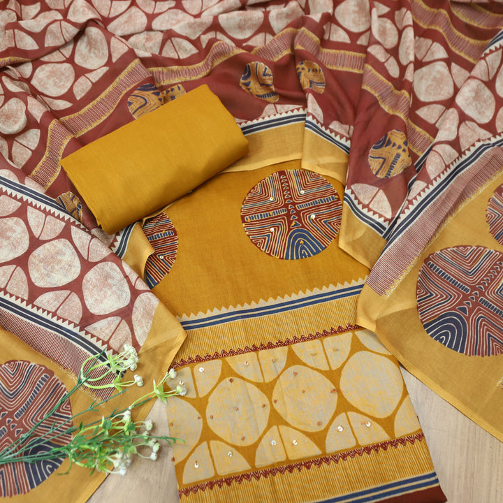 Suroor Turmeric Yellow Digital Printed with French Knot Cotton Set