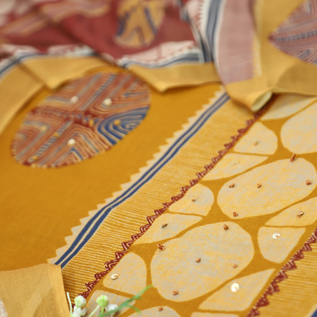 Suroor Turmeric Yellow Digital Printed with French Knot Cotton Set