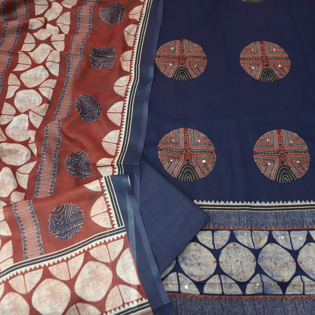 Suroor Denim Blue Digital Printed with French Knot Cotton Set