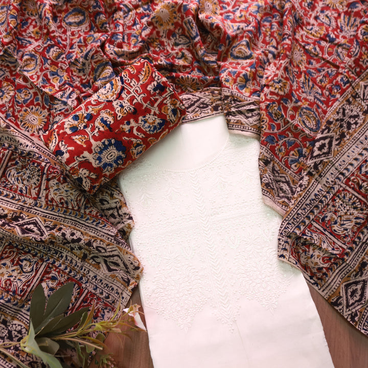 Khushi Beige Top with Bride Red Kalamkari Printed Dupatta Set