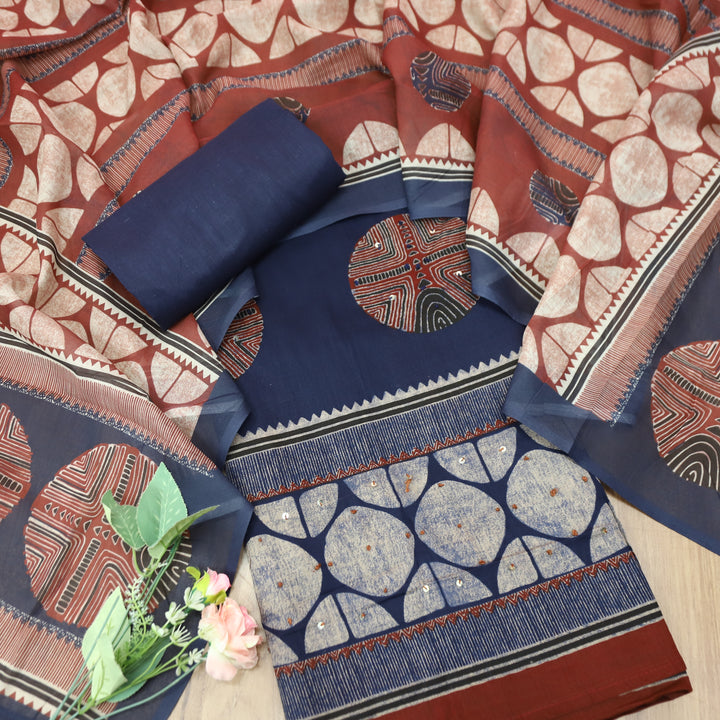 Suroor Denim Blue Digital Printed with French Knot Cotton Set
