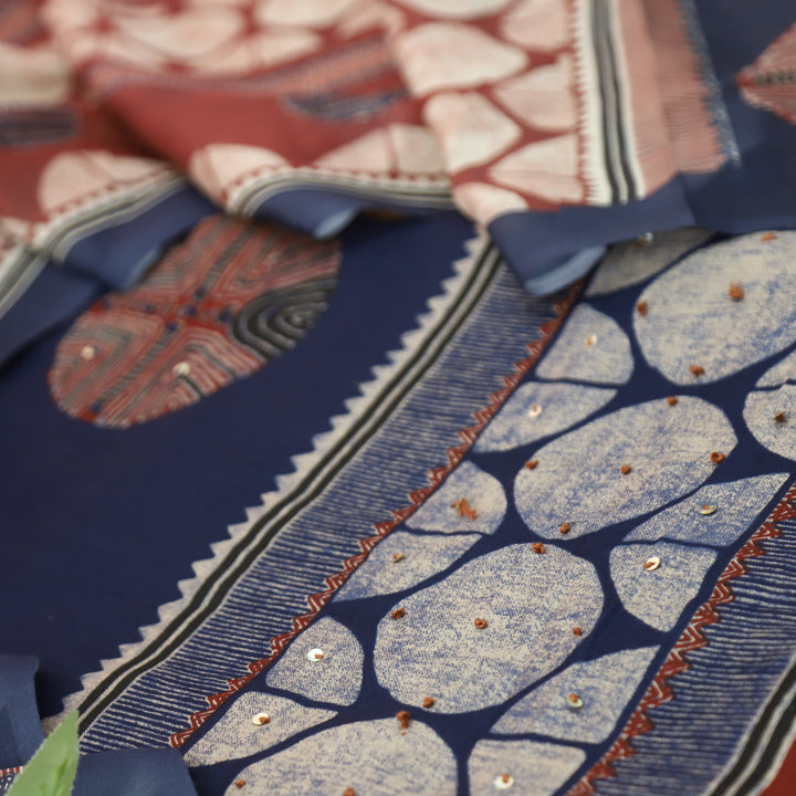 Suroor Denim Blue Digital Printed with French Knot Cotton Set